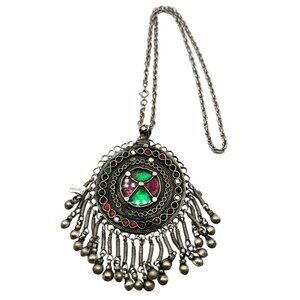 Kuchi Tribal Pendant Necklace Glass Inlay Dangling Beads 21" Handmade Pakistan